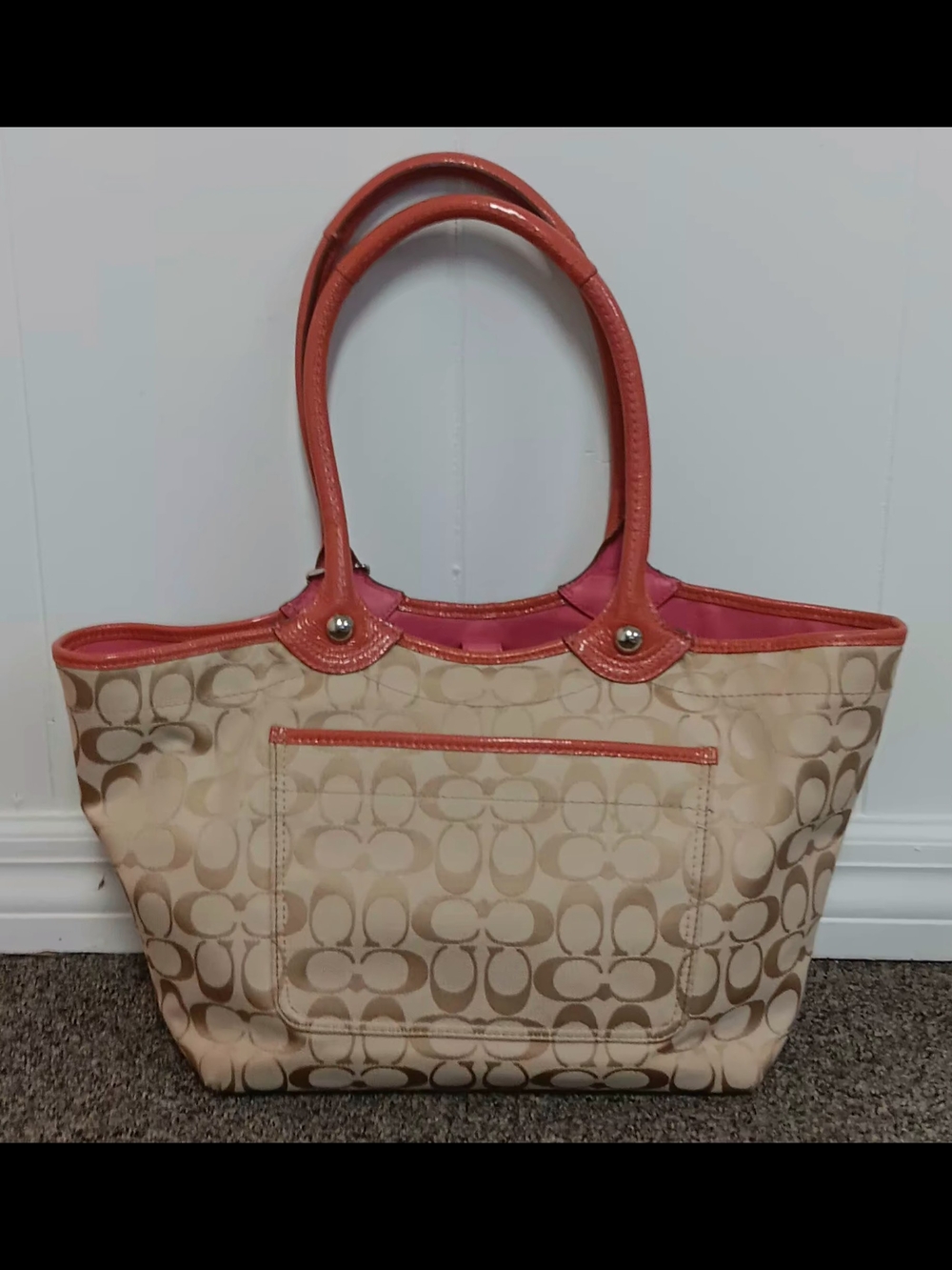 Coach Bleeker Signature Tote with Pink Trim & Floral Appliqués - Picture 2 of 9